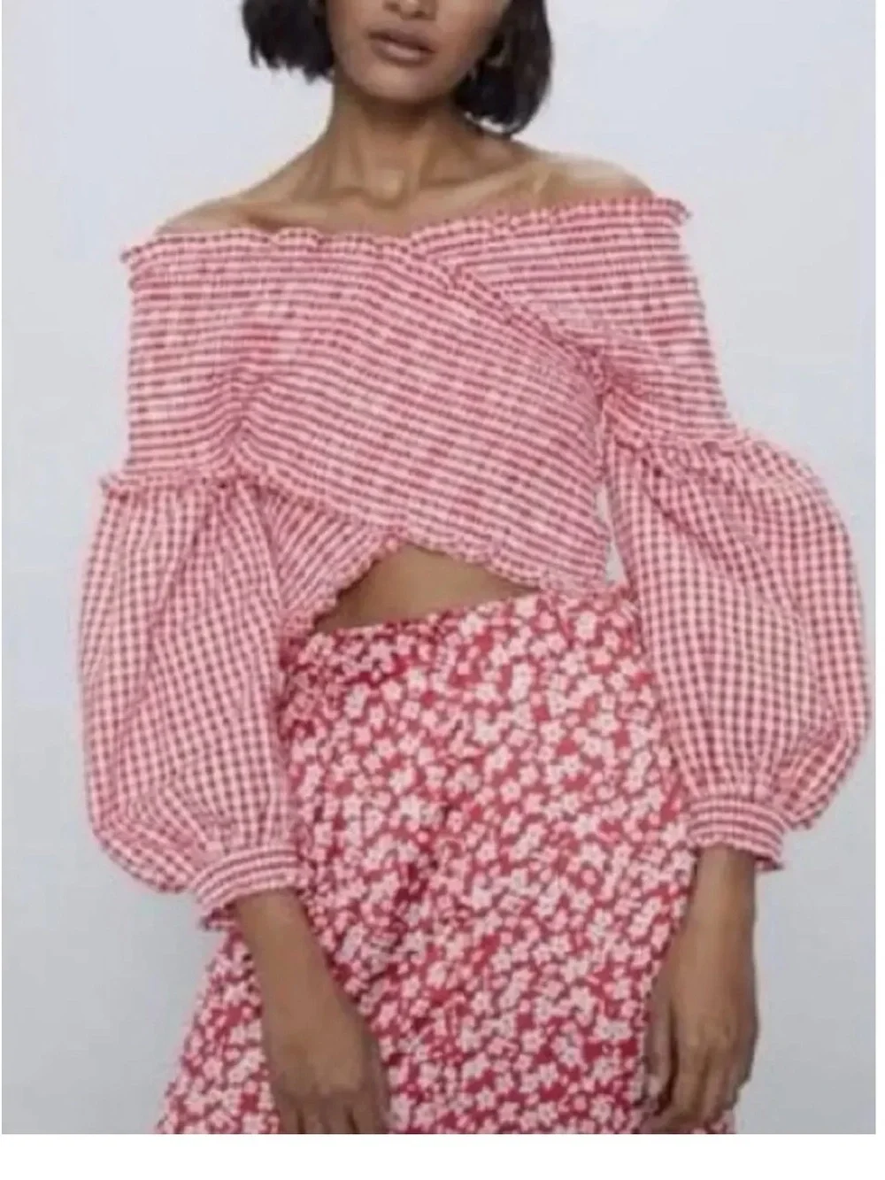 Zara red and white smocked gingham crop top
